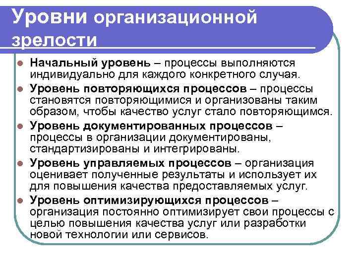Уровни организационной зрелости l  Начальный уровень – процессы выполняются индивидуально для каждого конкретного