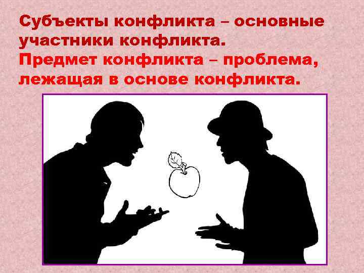 Субъекты конфликта – основные участники конфликта. Предмет конфликта – проблема, лежащая в основе конфликта.