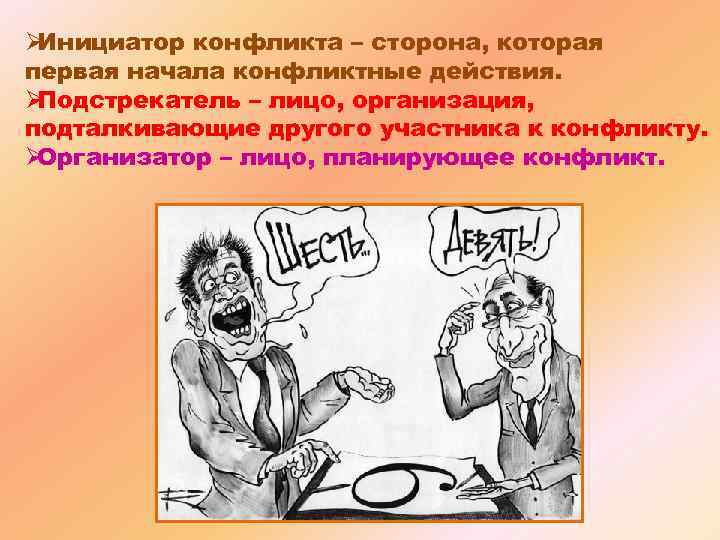 ØИнициатор конфликта – сторона, которая первая начала конфликтные действия. ØПодстрекатель – лицо, организация, подталкивающие