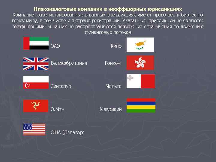    Низконалоговые компании в неоффшорных юрисдикциях Компании, зарегистрированные в данных юрисдикциях имеют