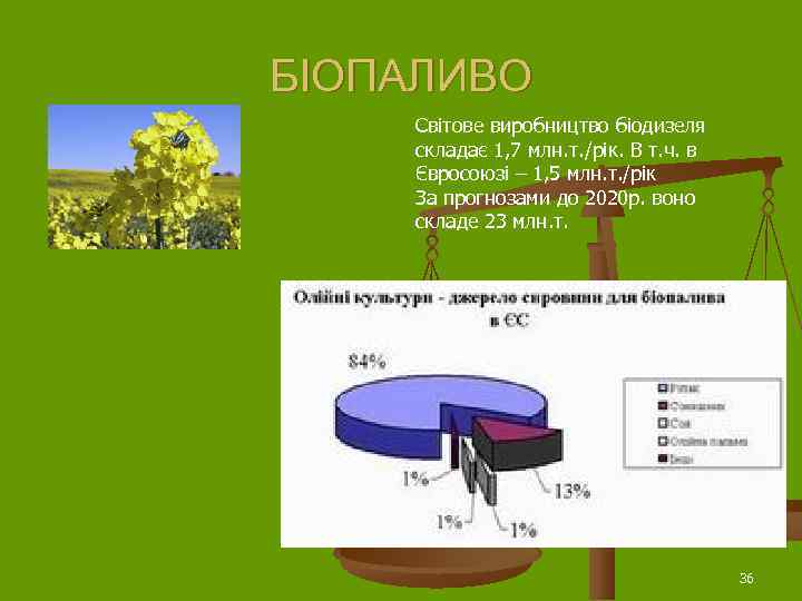 БІОПАЛИВО Світове виробництво біодизеля складає 1, 7 млн. т. /рік. В т. ч. в