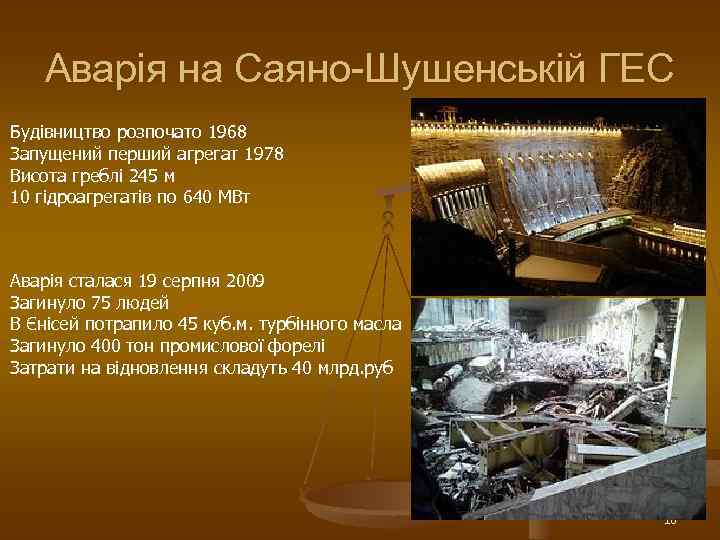 Аварія на Саяно-Шушенській ГЕС Будівництво розпочато 1968 Запущений перший агрегат 1978 Висота греблі 245
