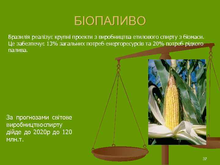 БІОПАЛИВО Бразилія реалізує крупні проекти з виробництва етилового спирту з біомаси. Це забезпечує 13%