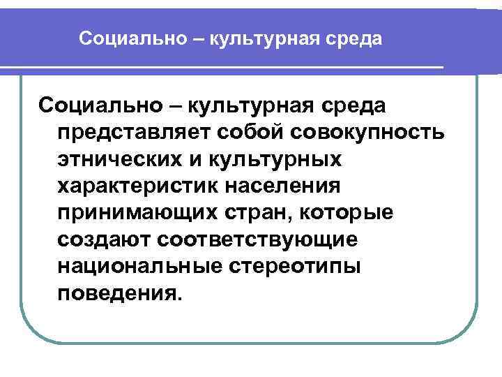 Социально – культурная среда представляет собой совокупность этнических и культурных характеристик населения Социально – культурная среда представляет собой совокупность этнических и культурных характеристик населения