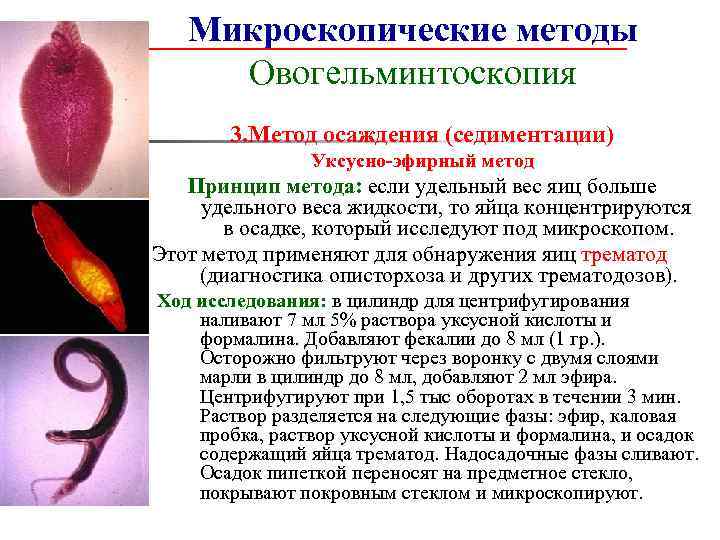   Микроскопические методы Овогельминтоскопия  3. Метод осаждения (седиментации)   Уксусно-эфирный метод