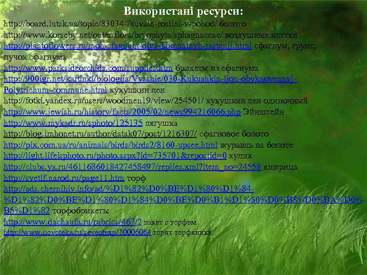       Використані ресурси: http: //board. lutsk. ua/topic/83034 -lkuvaln-roslini-v-pohod/ болото