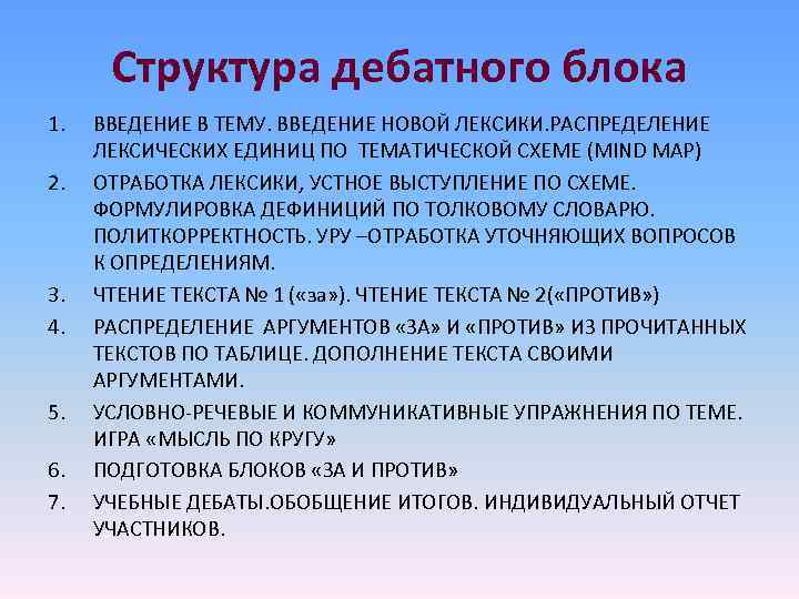 Структура дебатного блока 1. ВВЕДЕНИЕ В ТЕМУ. ВВЕДЕНИЕ НОВОЙ ЛЕКСИКИ. РАСПРЕДЕЛЕНИЕ Структура дебатного блока 1. ВВЕДЕНИЕ В ТЕМУ. ВВЕДЕНИЕ НОВОЙ ЛЕКСИКИ. РАСПРЕДЕЛЕНИЕ