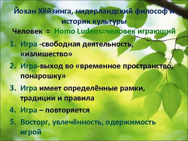 Йохан Хёйзинга, нидерландский философ и    историк культуры Человек = Homo Ludens=человек