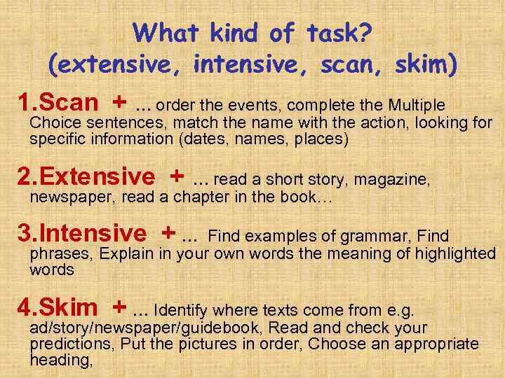   What kind of task? (extensive, intensive, scan, skim) 1. Scan +