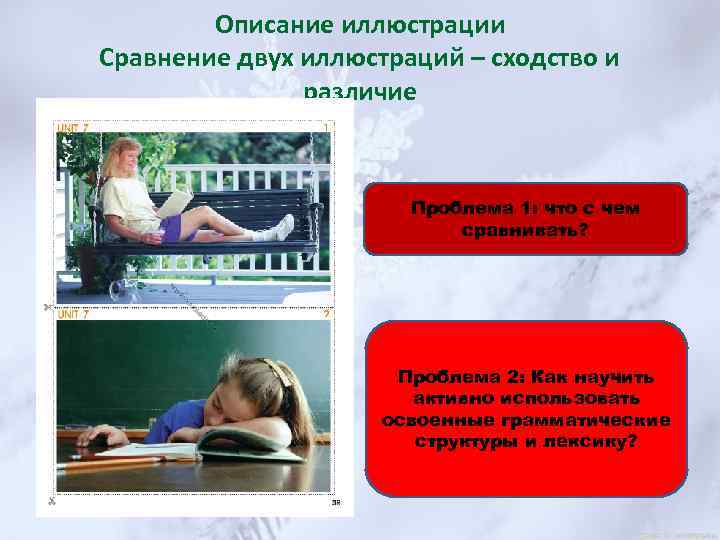Описание иллюстрации Сравнение двух иллюстраций – сходство и различие Проблема 1: что с чем