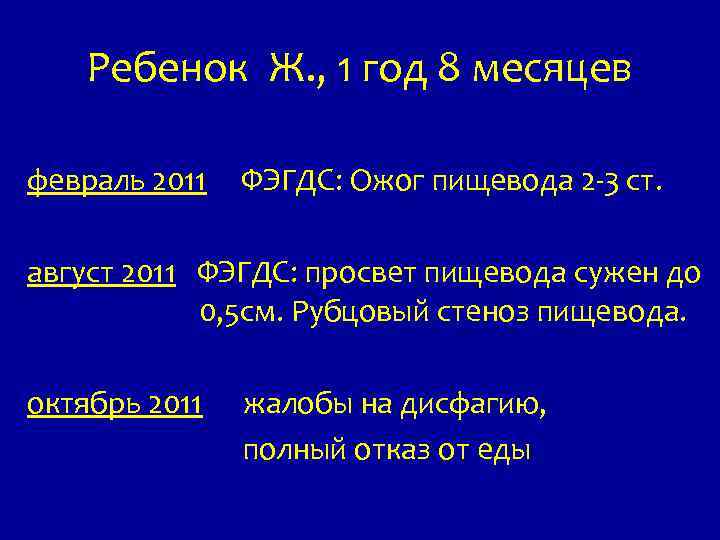 Ребенок Ж. , 1 год 8 месяцев февраль 2011 ФЭГДС: Ожог пищевода 2 -3