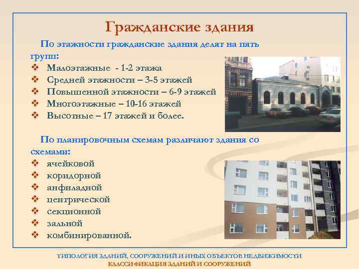 Гражданские здания По этажности гражданские здания делят на пять групп: v Малоэтажные - 1