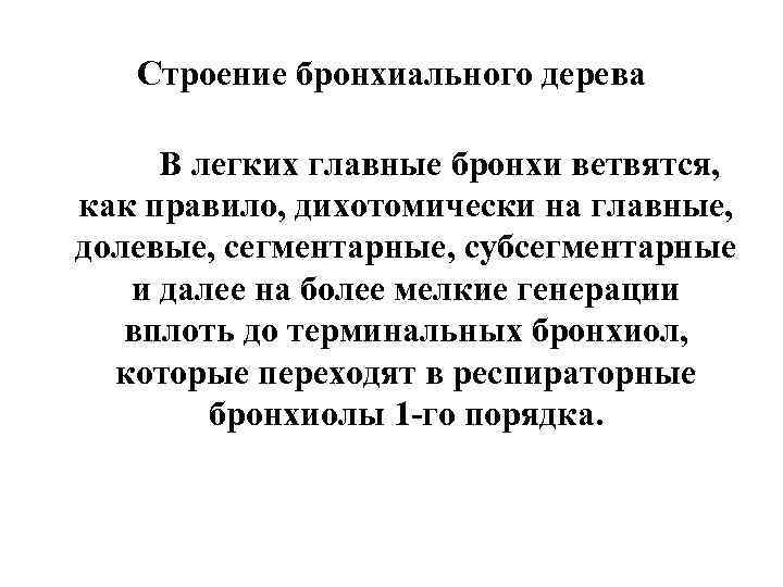   Строение бронхиального дерева  В легких главные бронхи ветвятся,  как правило,