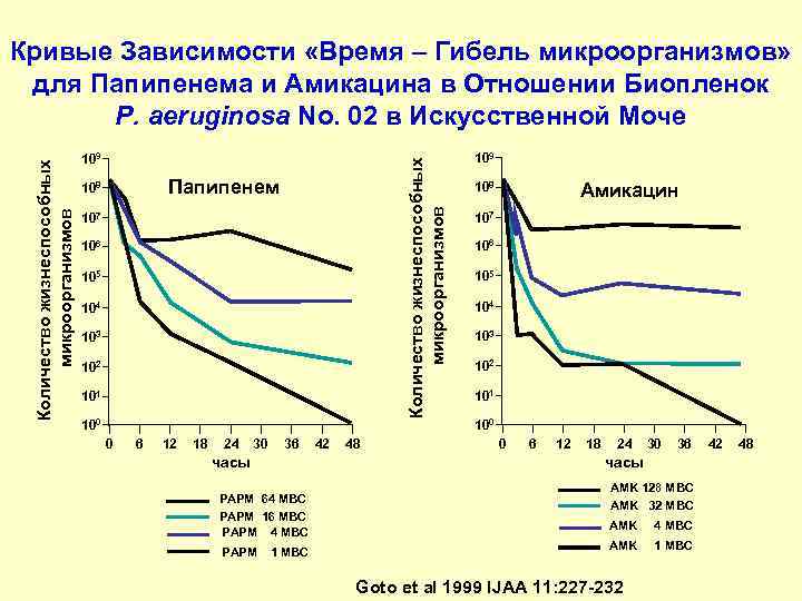 Кривые Зависимости «Время – Гибель микроорганизмов»  для Папипенема и Амикацина в Отношении Биопленок