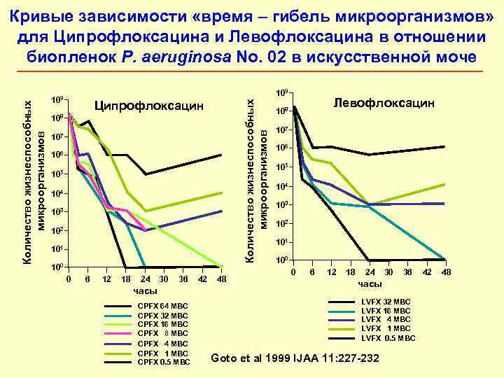 Кривые зависимости «время – гибель микроорганизмов»  для Ципрофлоксацина и Левофлоксацина в отношении 