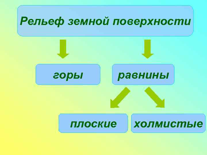 Рельеф земной поверхности  горы   равнины  плоские холмистые 