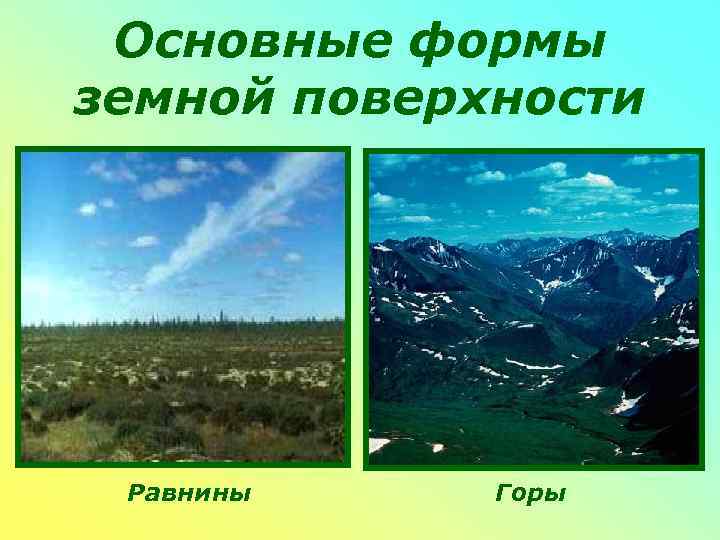  Основные формы земной поверхности Равнины Горы 
