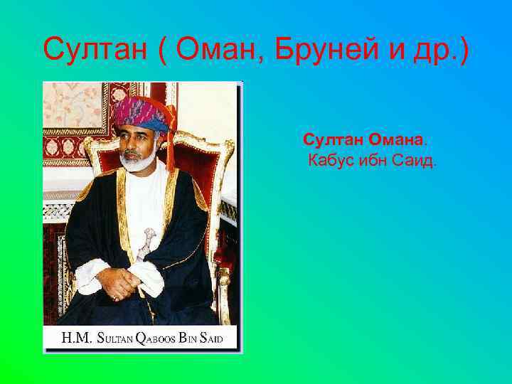Султан ( Оман, Бруней и др. )    Султан Омана.  
