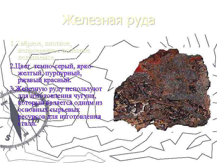     Железная руда 1. Твёрдое, плотное, непрозрачное полезное ископаемое. 2. Цвет