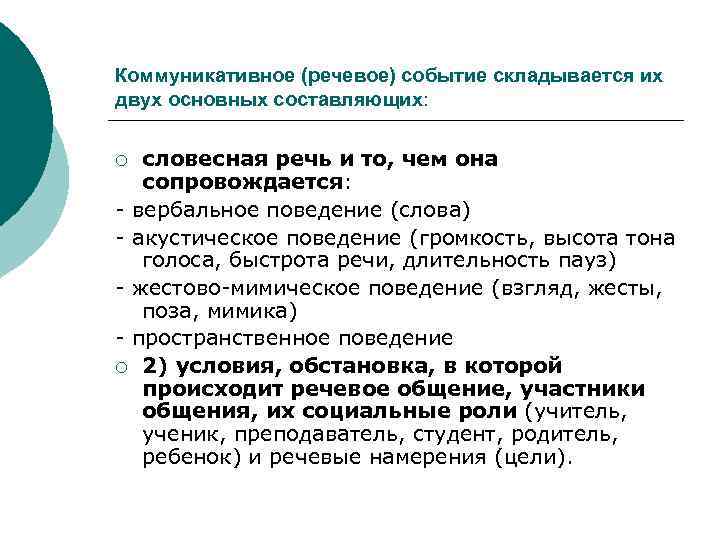 Коммуникативное (речевое) событие складывается их двух основных составляющих:  ¡ словесная речь и то,