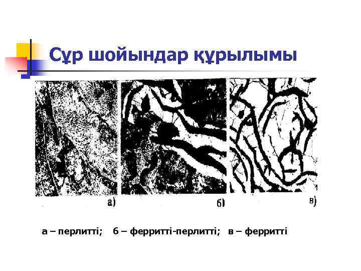  Сұр шойындар құрылымы а – перлитті;  б – ферритті-перлитті; в – ферритті