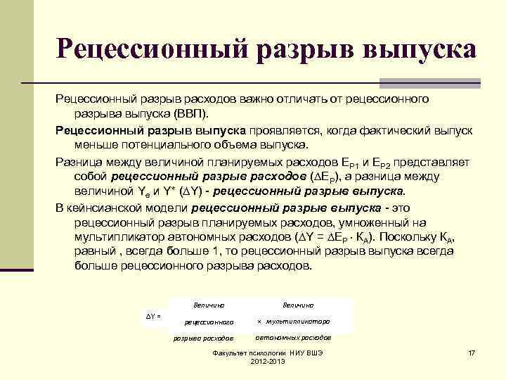 Рецессионный разрыв выпуска Рецессионный разрыв расходов важно отличать от рецессионного разрыва выпуска (ВВП). Рецессионный