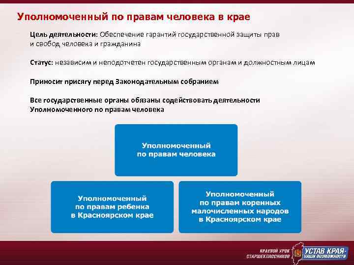 Уполномоченный по правам человека в крае Цель деятельности: Обеспечение гарантий государственной защиты прав и