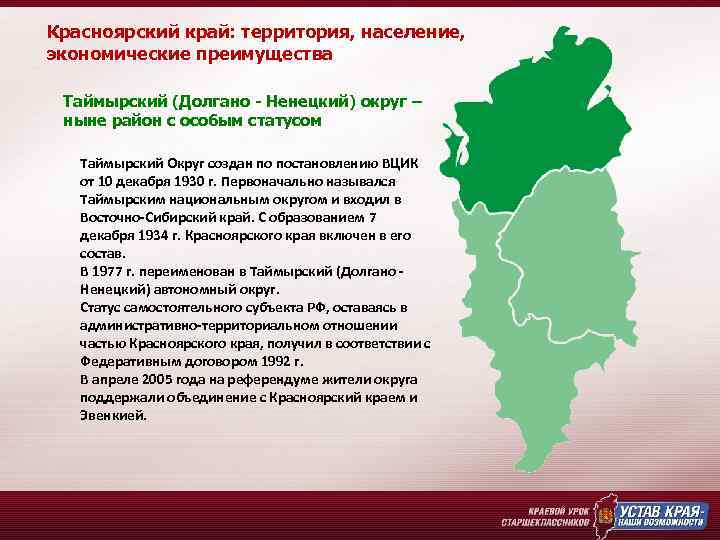 Красноярский край: территория, население, экономические преимущества Таймырский (Долгано - Ненецкий) округ – ныне район