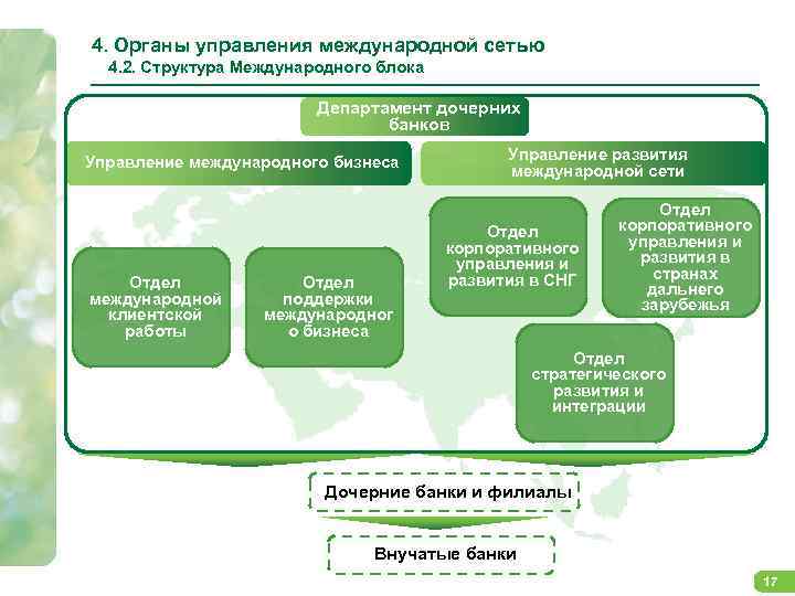 4. Органы управления международной сетью 4. 2. Структура Международного блока Департамент дочерних банков Управление