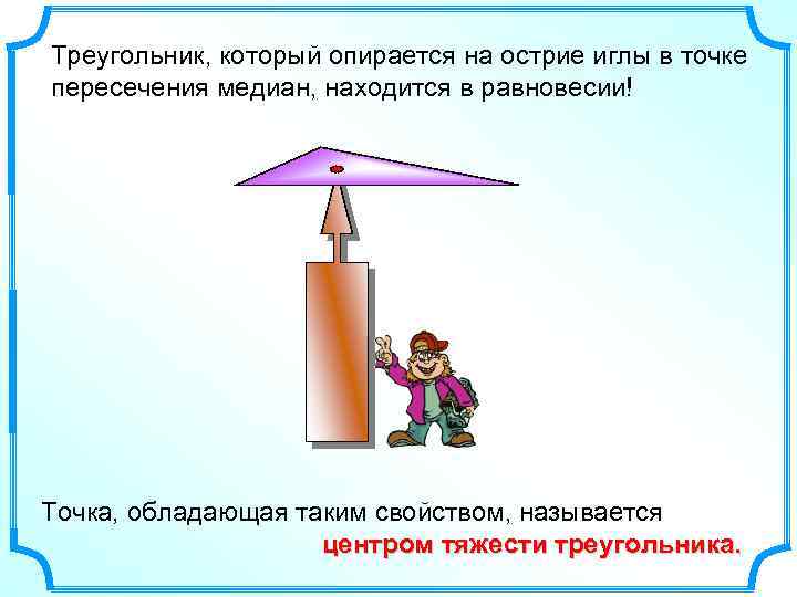 Треугольник, который опирается на острие иглы в точке пересечения медиан, находится в равновесии! Точка,