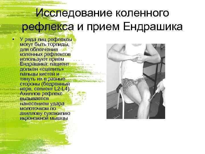  Исследование коленного рефлекса и прием Ендрашика •  У ряда лиц рефлексы могут