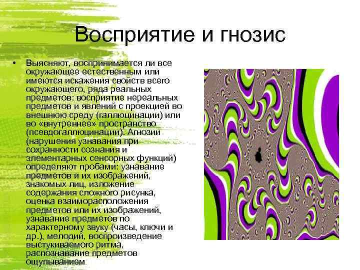    Восприятие и гнозис •  Выясняют, воспринимается ли все окружающее естественным