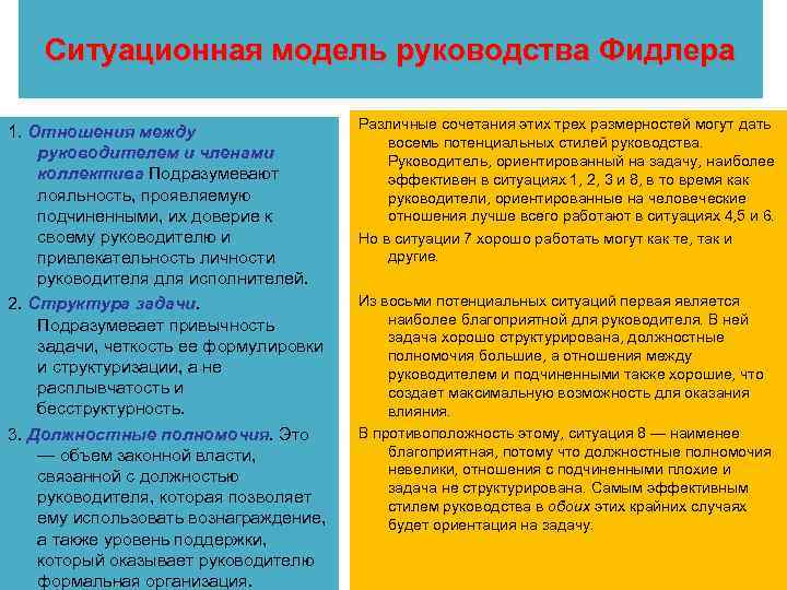 Сила руководства. Модели руководства руководителя ориентированного на человека. Ситуационная задача взаимоотношения подчиненного с руководителем. Лидерский стиль директора с ориентацией на задачу. Модель Фреда Фидлера личностный фактор, Лидер-группа.