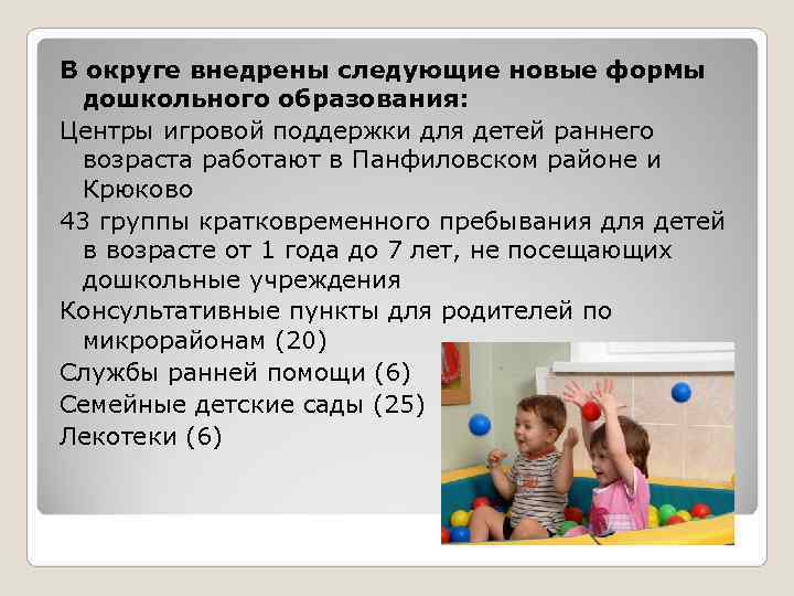 В округе внедрены следующие новые формы  дошкольного образования: Центры игровой поддержки для детей