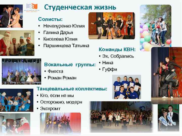 Студенческая жизнь Солисты: • • Нечепуренко Юлия Галина Дарья Киселева Юлия Паршинцева Татьяна Команды