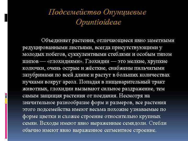 Подсемейство Опунциевые Opuntioideae Объединяет растения, отличающиеся явно Подсемейство Опунциевые Opuntioideae Объединяет растения, отличающиеся явно