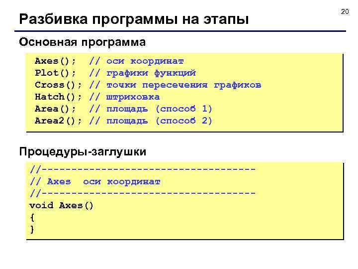 Разбивка программы на этапы Основная программа Axes(); Plot(); Cross(); Hatch(); Area 2(); // //
