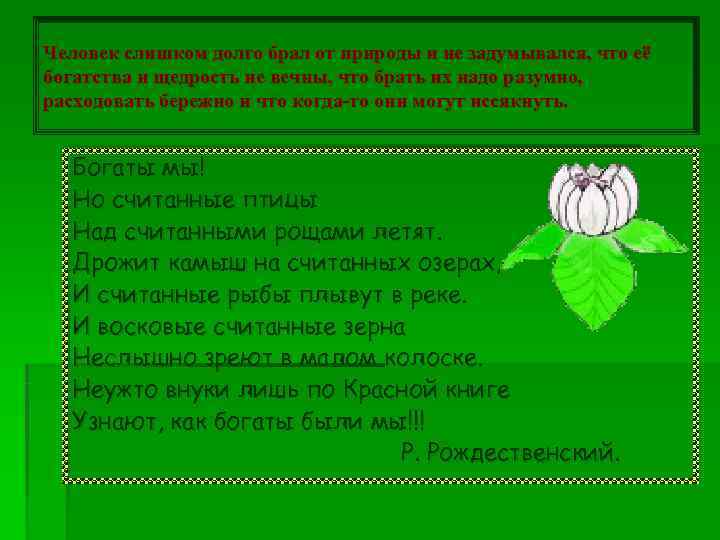 Человек слишком долго брал от природы и не задумывался, что её богатства и щедрость