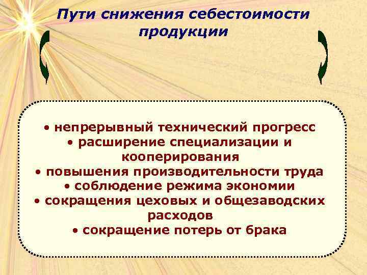  Пути снижения себестоимости  продукции  • непрерывный технический прогресс  • расширение