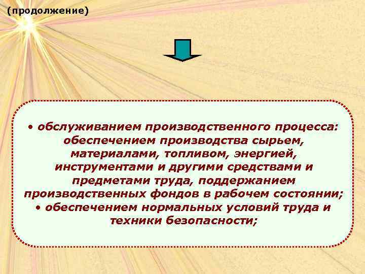 (продолжение)  • обслуживанием производственного процесса:   обеспечением производства сырьем,   материалами,