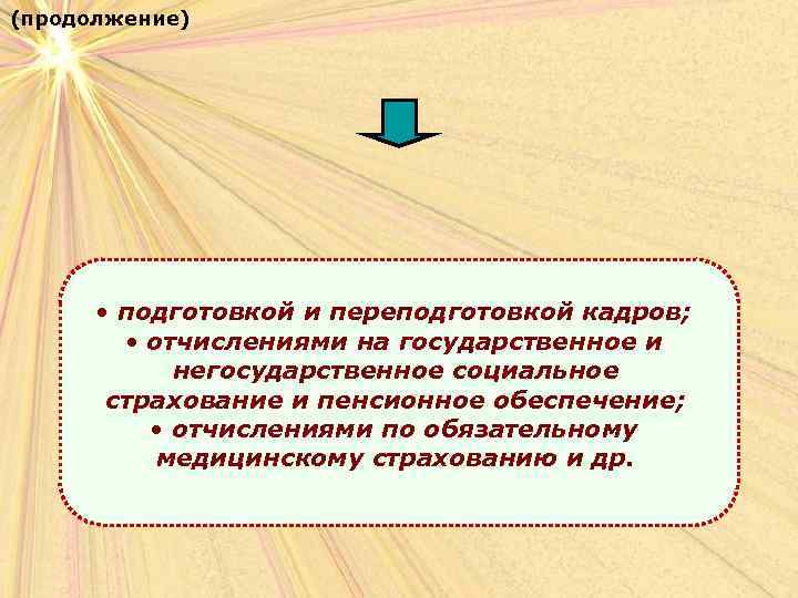 (продолжение)  • подготовкой и переподготовкой кадров;  • отчислениями на государственное и 