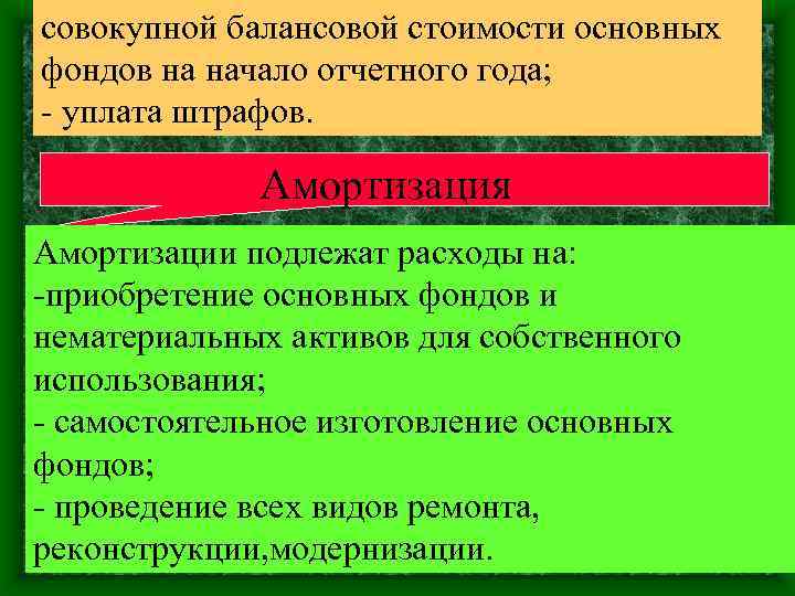 совокупной балансовой стоимости основных фондов на начало отчетного года; - уплата штрафов. Амортизация Амортизации