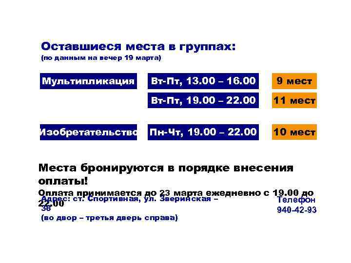 Оставшиеся места в группах: (по данным на вечер 19 марта) Мультипликация 9 мест Вт-Пт,
