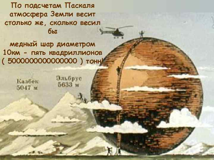 По подсчетам Паскаля атмосфера Земли весит столько же, сколько весил бы медный шар диаметром