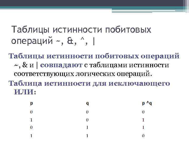 Операция таблица. Таблицы истинности для битовых операций. Битовые операции таблица истинности. Таблица побитовых операций. Битовые логические операции таблица.