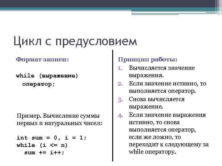 Цикл с предусловием Формат записи: Принцип работы: Цикл с предусловием Формат записи: Принцип работы: