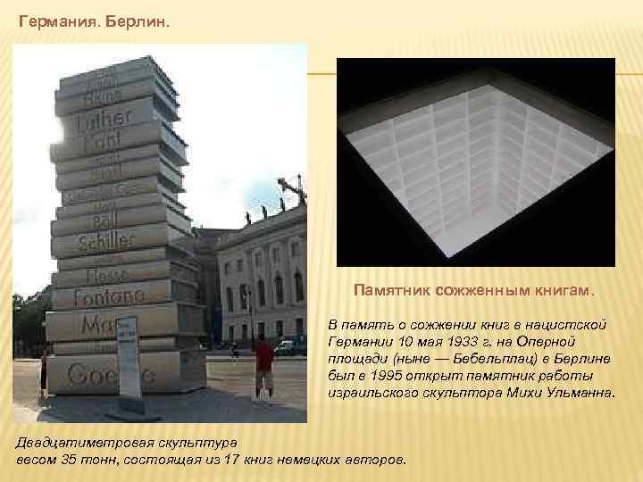 Германия. Берлин.     Памятник сожженным книгам.     В