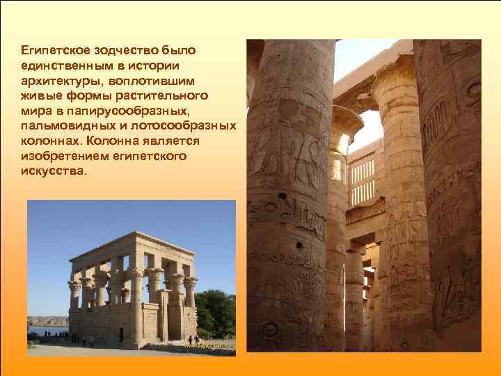 Египетское зодчество было единственным в истории архитектуры, воплотившим живые формы растительного мира в папирусообразных,