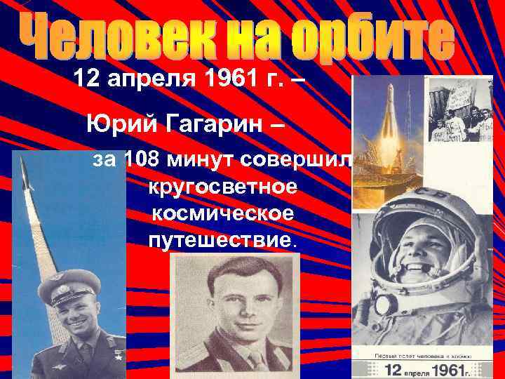 12 апреля 1961 г. – Юрий Гагарин – за 108 минут совершил  кругосветное