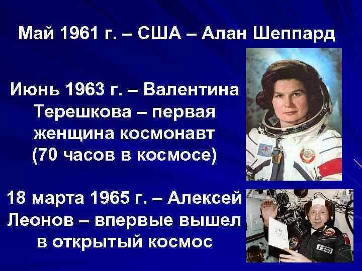  Май 1961 г. – США – Алан Шеппард  Июнь 1963 г. –